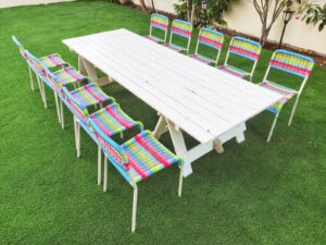 Kids Pallet white wooden table with rainbow chairs